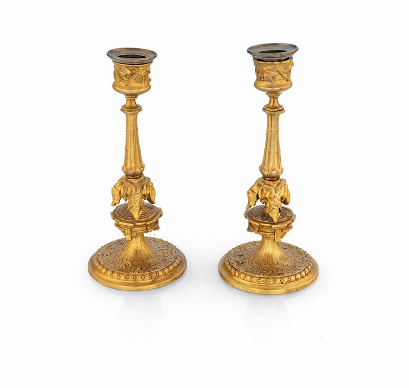 Coppia di Piccoli Candelieri in Bronzo Dorato, Francia, XIX Secolo