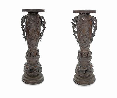 Coppia di Grandi Vasi in Bronzo Brunito, Giappone Meiji
