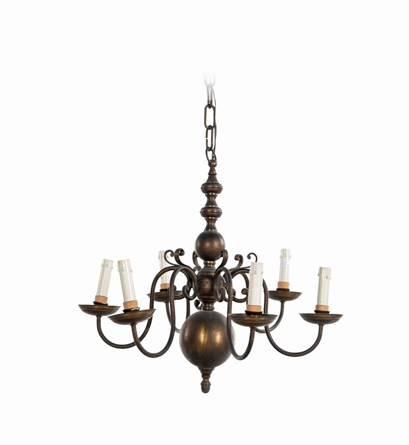 Lampadario in Ottone Stile Olandese a Sei Luci