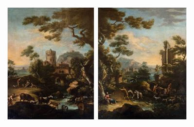 A) Paesaggio Fluviale con Architetture e Armenti B) Paesaggio con Viandanti e Rovine
