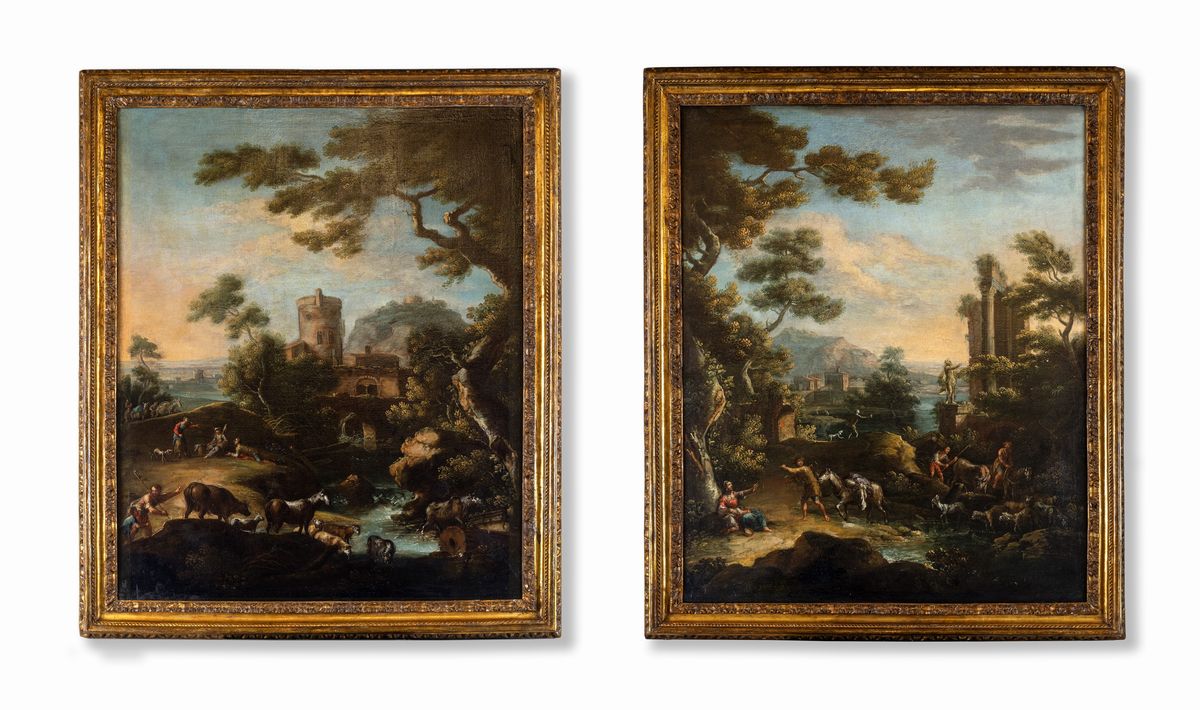 Cajetan Roos Gaetano De Rosa - A) Paesaggio Fluviale con Architetture e Armenti B) Paesaggio con ...