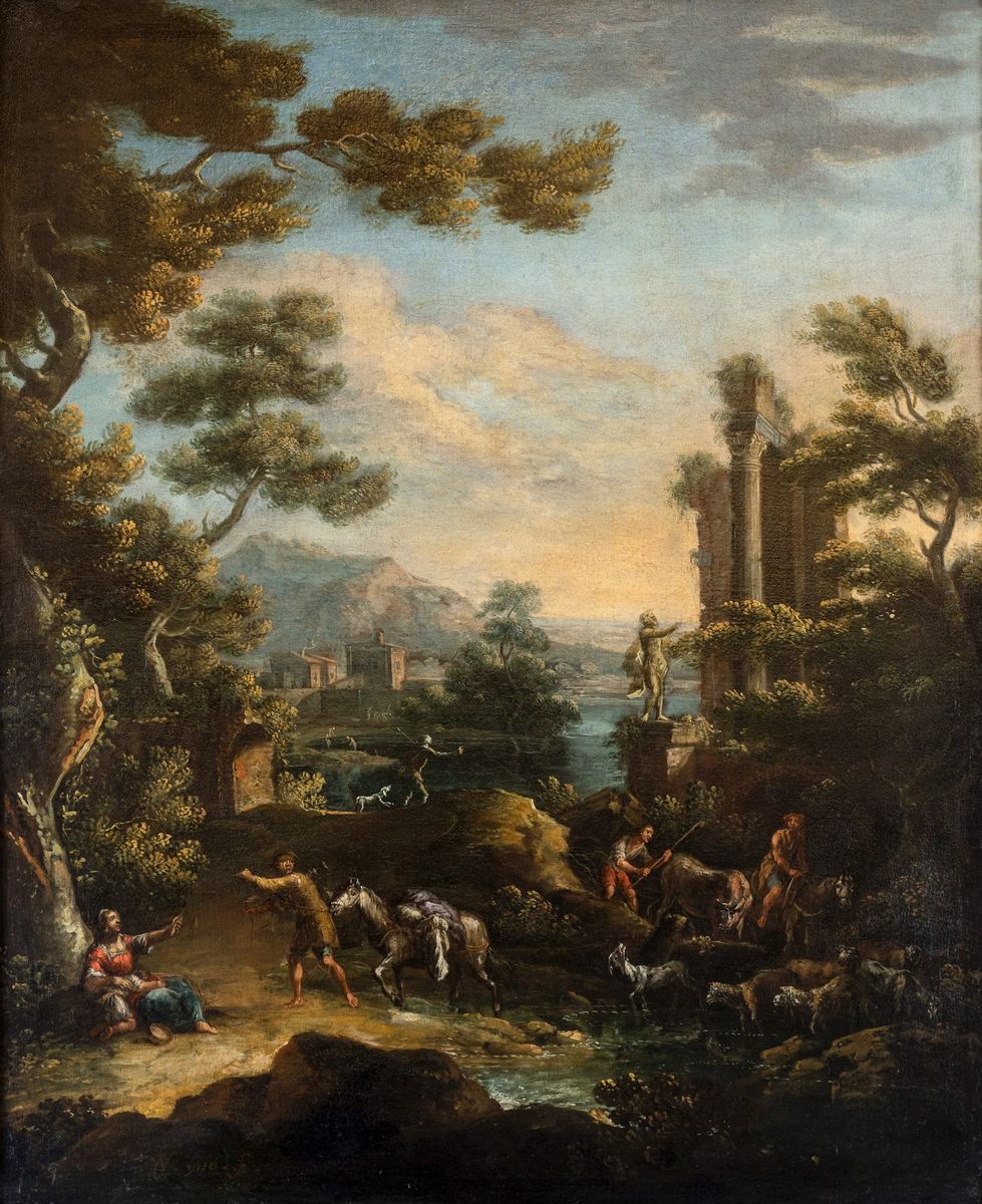 Cajetan Roos Gaetano De Rosa - A) Paesaggio Fluviale con Architetture e Armenti B) Paesaggio con ...