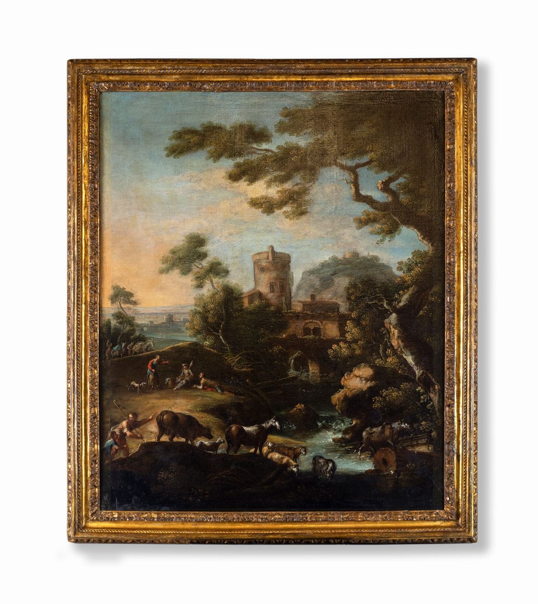 Cajetan Roos Gaetano De Rosa - A) Paesaggio Fluviale con Architetture e Armenti B) Paesaggio con ...