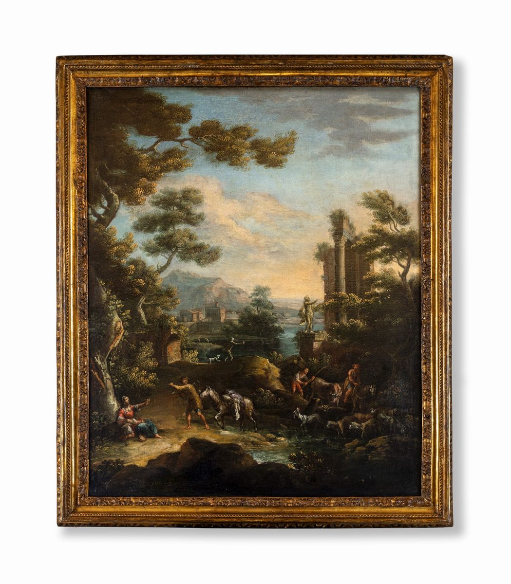 Cajetan Roos Gaetano De Rosa - A) Paesaggio Fluviale con Architetture e Armenti B) Paesaggio con ...
