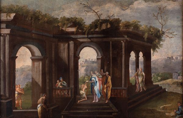 Pittore Napoletano del XVIII secolo - Capriccio architettonico  con miracolo della guarigione del cieco
