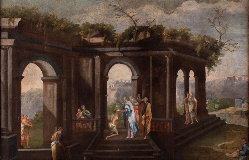 Pittore Napoletano del XVIII Secolo - Capriccio Architettonico con Miracolo della Guarigione del ...