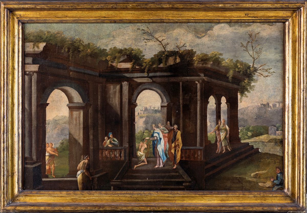 Pittore Napoletano del XVIII Secolo - Capriccio Architettonico con Miracolo della Guarigione del ...