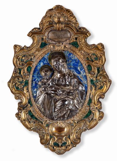 Placca Devozionale in Argento, Bronzo Dorato, Smalto e Lapislazuli, XIX Secolo