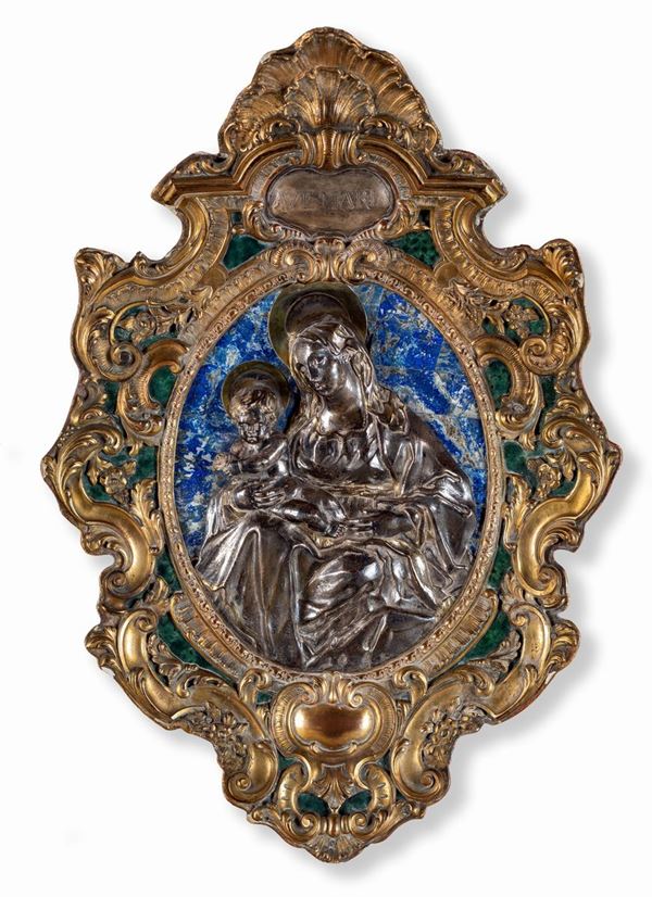 Placca devozionale in argento, bronzo dorato, smalto e lapislazuli, XIX secolo