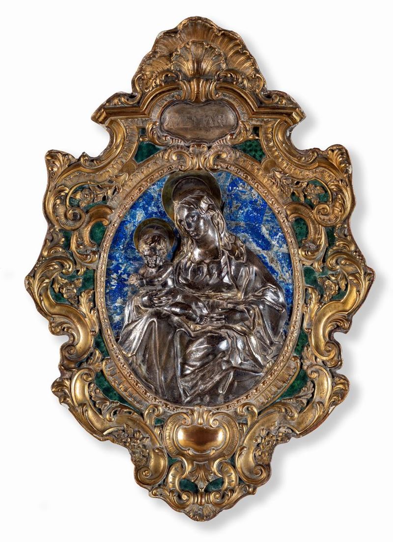 Placca Devozionale in Argento, Bronzo Dorato, Smalto e Lapislazuli, XIX Secolo