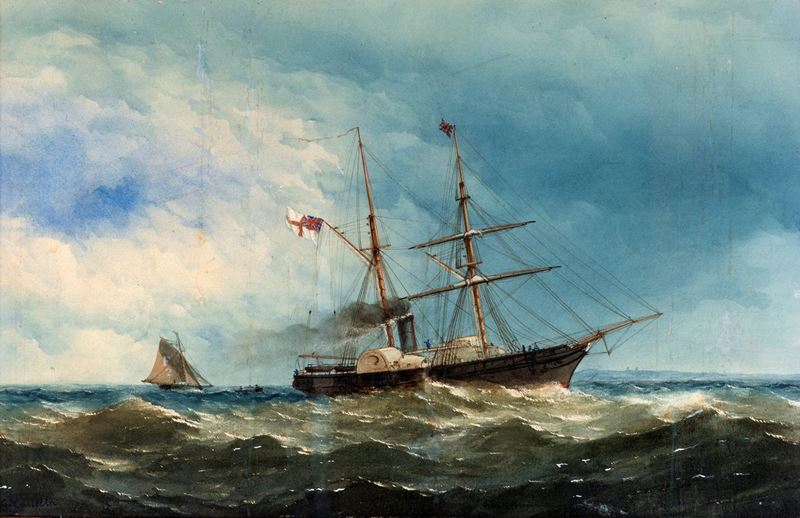 Giuseppe II Canella - Marina con Piroscafo della Marina Britannica con Bandiera del Commonwealth