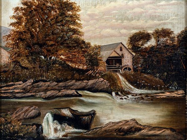 Pittore del XIX secolo - Paesaggio fluviale con mulino