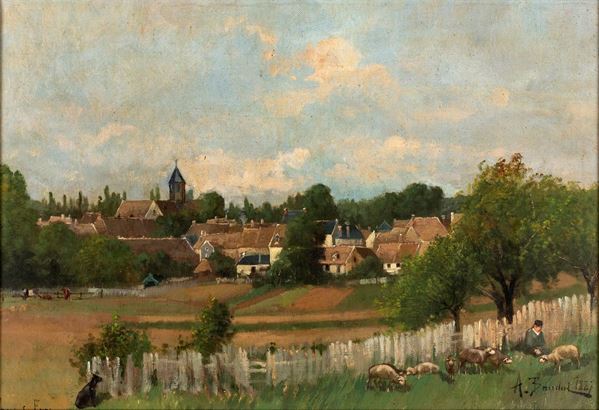 Pittore del XIX secolo - Paesaggio con villaggio