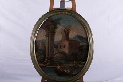 Coppia di Paesaggi a Sesto Ovale con Rovine Classiche
