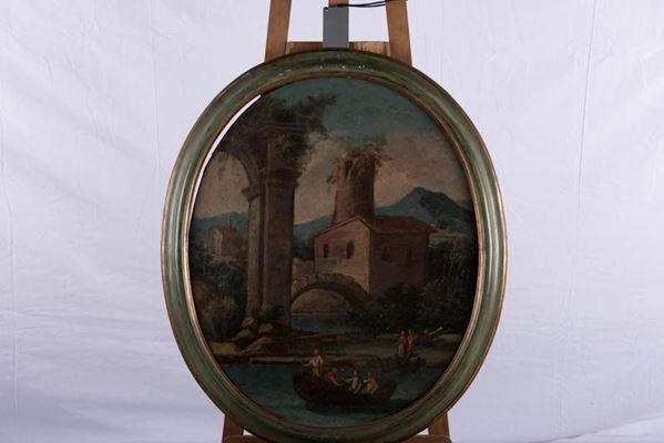 Scuola italiana del XVIII secolo - Coppia di paesaggi a sesto ovale con rovine classiche