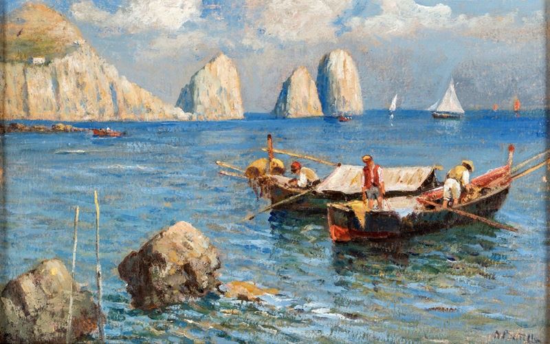 Pittore del XX Secolo - Pescatori Sotto i Faraglioni
