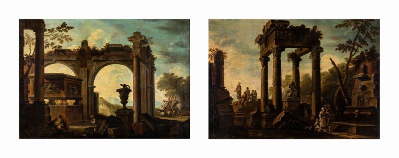 Giovanni Ghisolfi ( Cerchia ) - A) Capriccio Architettonico con Figure e Rovine di Tempio Ionico ...