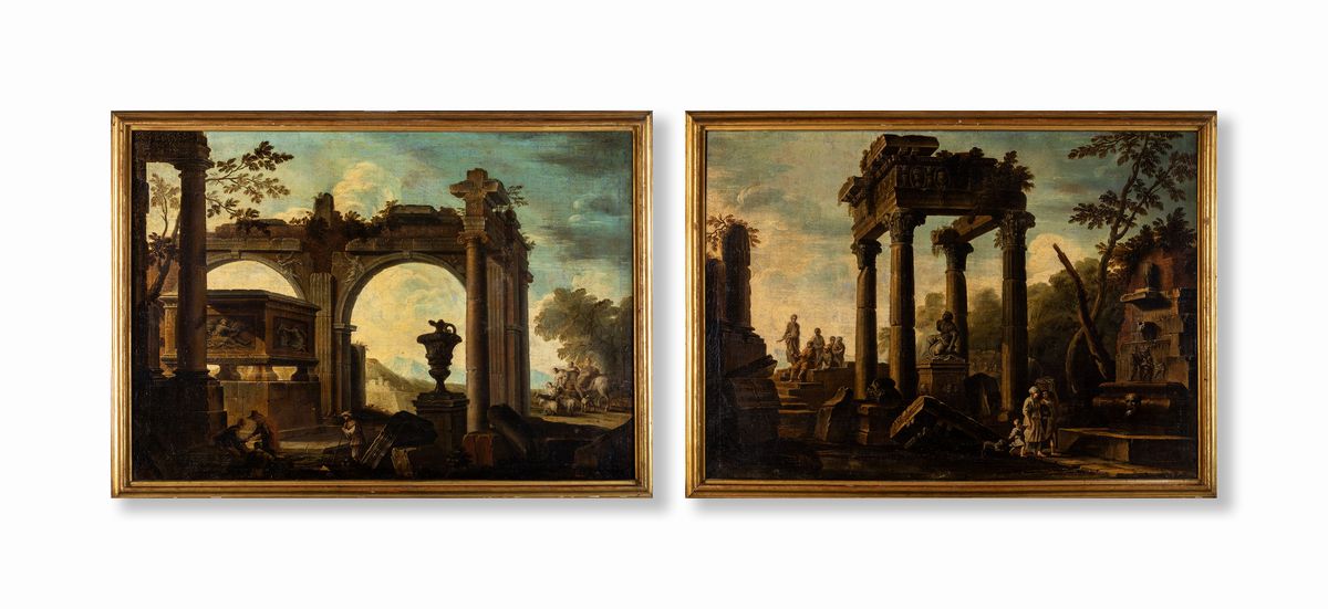 Giovanni Ghisolfi ( Cerchia ) - A) Capriccio Architettonico con Figure e Rovine di Tempio Ionico ...