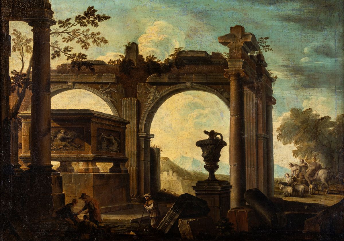 Giovanni Ghisolfi ( Cerchia ) - A) Capriccio Architettonico con Figure e Rovine di Tempio Ionico ...