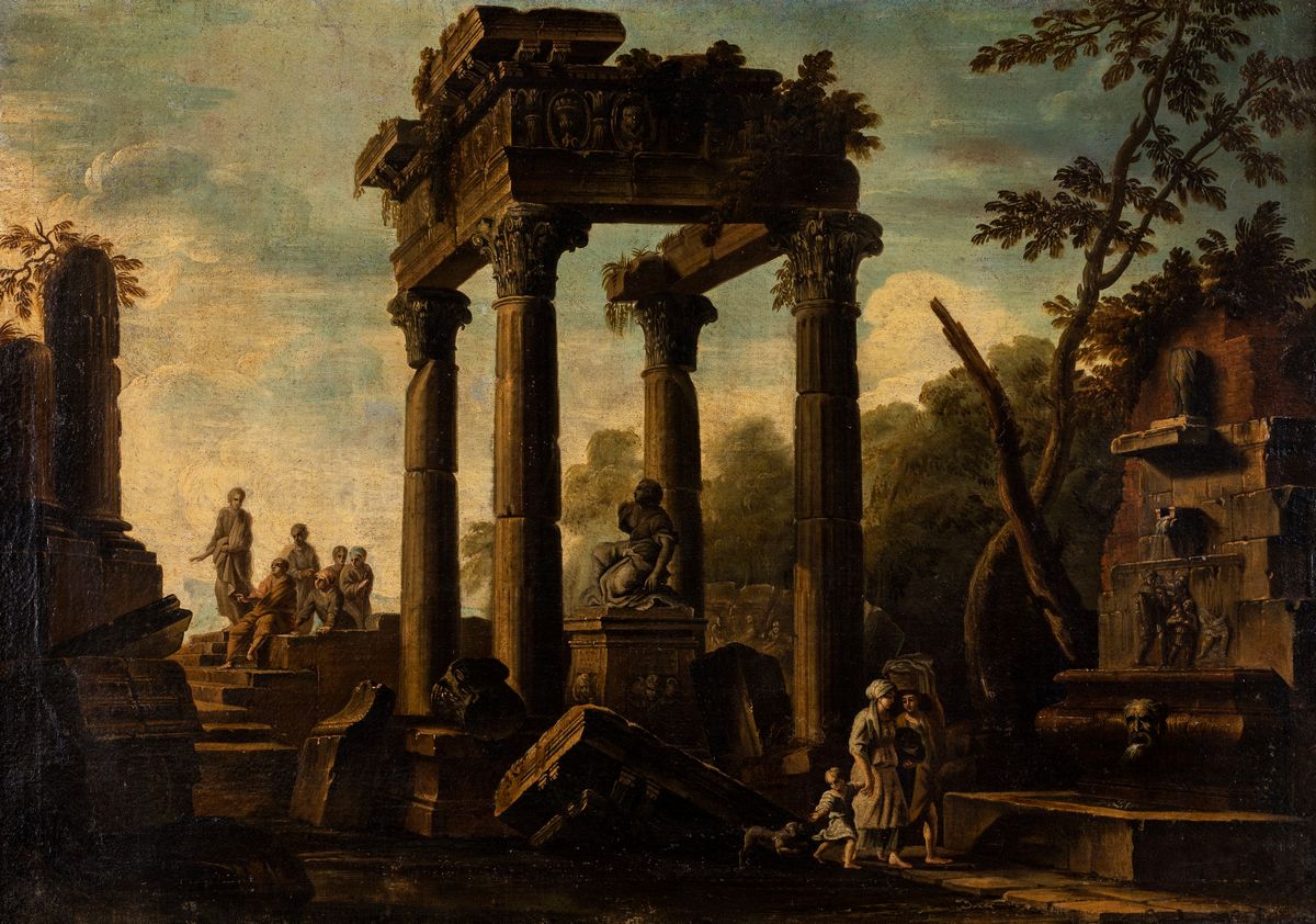 Giovanni Ghisolfi ( Cerchia ) - A) Capriccio Architettonico con Figure e Rovine di Tempio Ionico ...