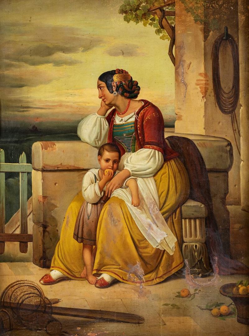 Pittore del XIX Secolo - L'attesa (mamma con Bambina)