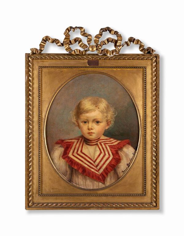 Pittore del XIX secolo - Ritratto di bambino con colletto bianco e rosso