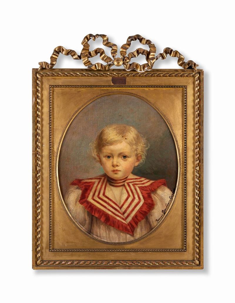 Pittore del XIX Secolo - Ritratto di Bambino con Colletto Bianco e Rosso