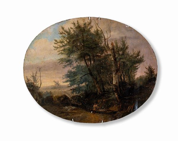 Pittore del XIX secolo - Paesaggio boschivo con figura