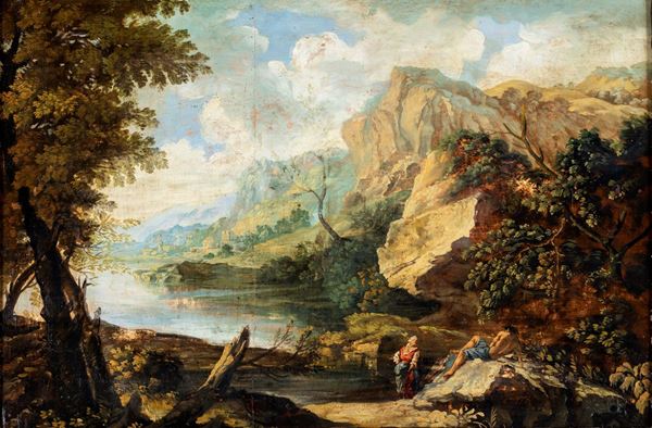 Pittore del XIX secolo - Paesaggio lacustre con figure