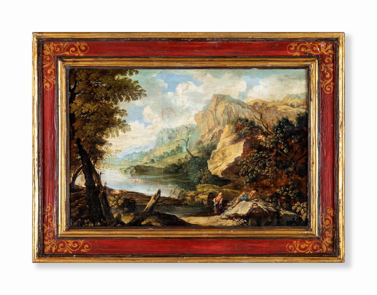 Pittore del XIX Secolo - Paesaggio Lacustre con Figure