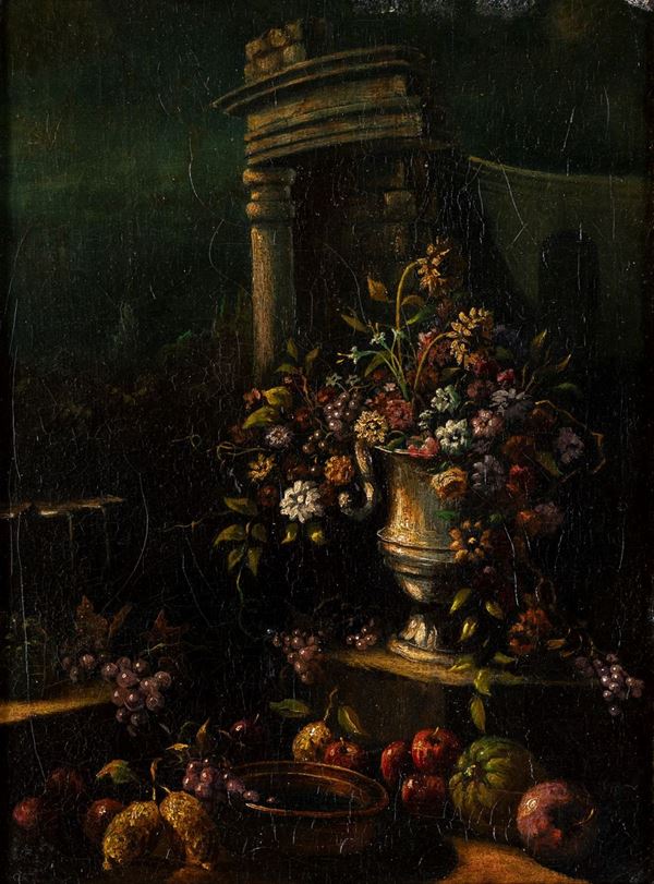 Pittore romano del XVIII secolo - Natura morta di fiori e frutta su capriccio architettonico
