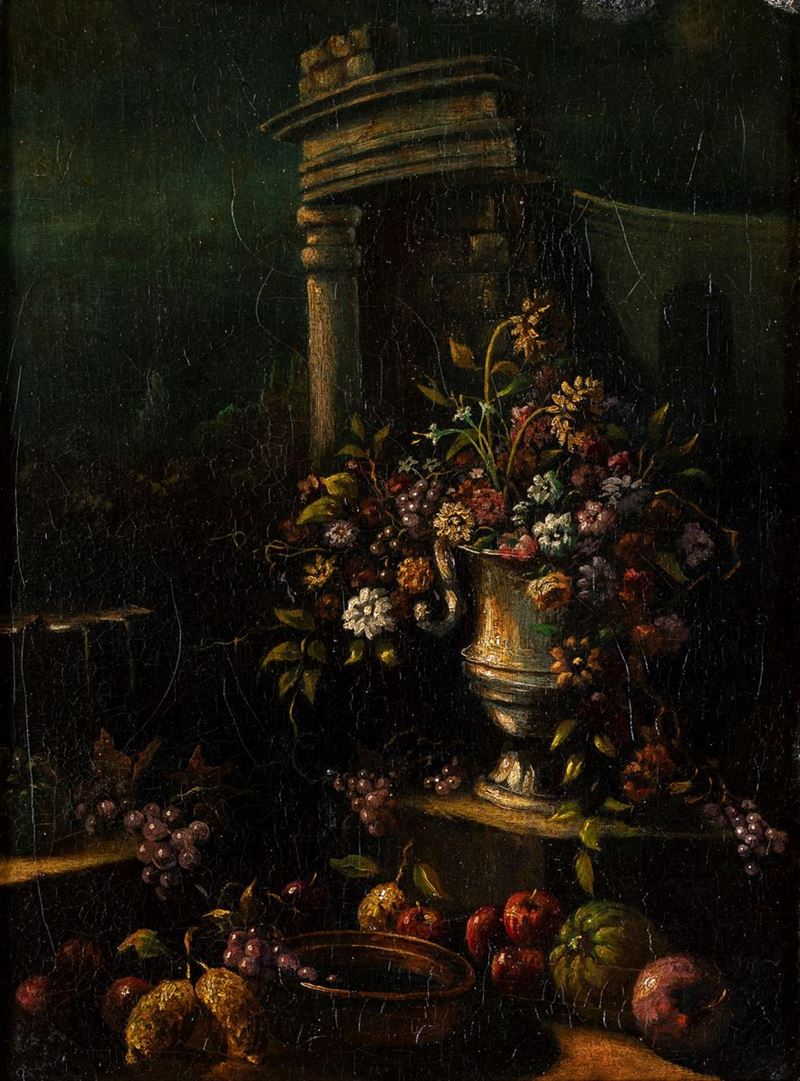 Pittore Romano del XVIII Secolo - Natura Morta di Fiori e Frutta su Capriccio Architettonico