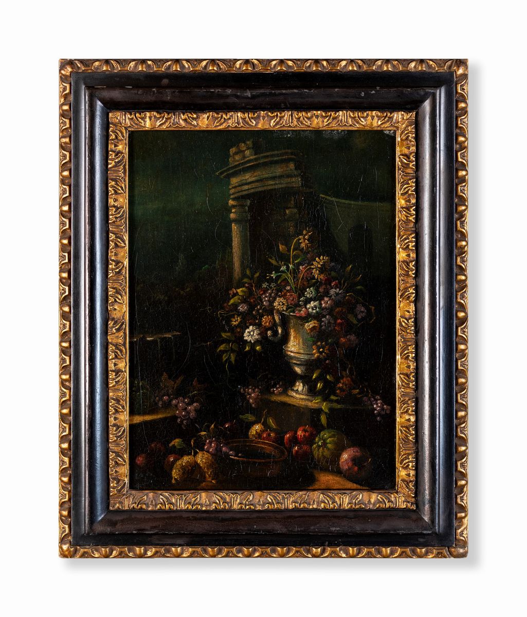 Pittore Romano del XVIII Secolo - Natura Morta di Fiori e Frutta su Capriccio Architettonico