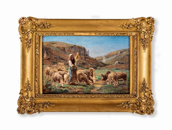 Paesaggio con pastore e gregge, olio su legno, cm 24x33, firmato, entro  cornice. - Asta Importante Asta Tempo di Antiquariato e Arte moderna - Aste  Pirone