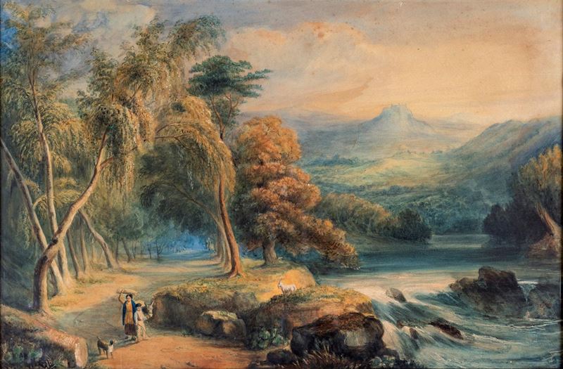 Charles-francois Knébel - Paesaggio Fluviale con Famiglia Viandante
