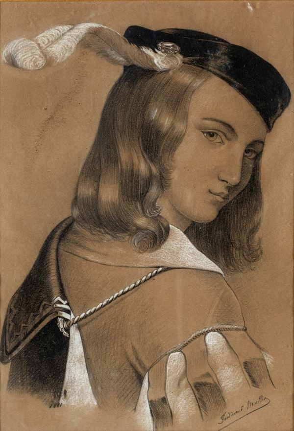 Pittore del XIX secolo - Ritratto di giovane con cappello piumato