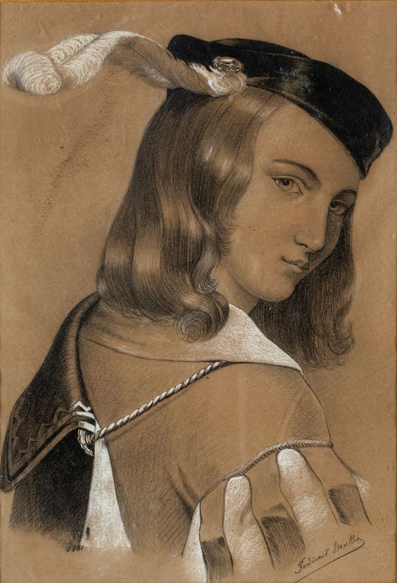 Pittore del XIX Secolo - Ritratto di Giovane con Cappello Piumato