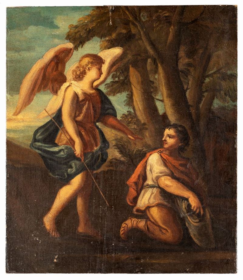 Pittore Veneto XVII/XVIII Secolo - Tobiolo e L'angelo