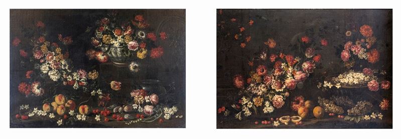 Pittore Romano del XVII Secolo - Natura Morta di Fiori e Frutta
