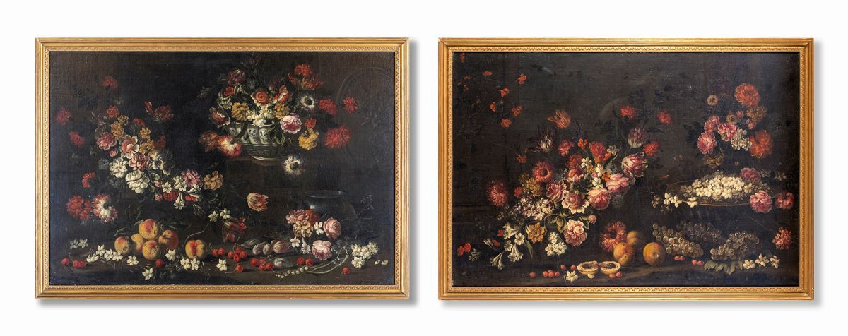 Pittore Romano del XVII Secolo - Natura Morta di Fiori e Frutta