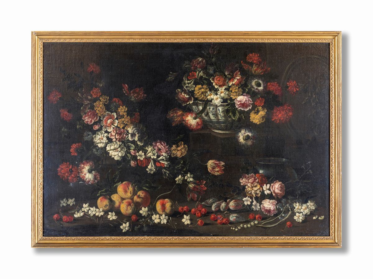 Pittore Romano del XVII Secolo - Natura Morta di Fiori e Frutta