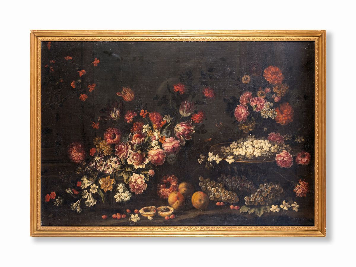 Pittore Romano del XVII Secolo - Natura Morta di Fiori e Frutta