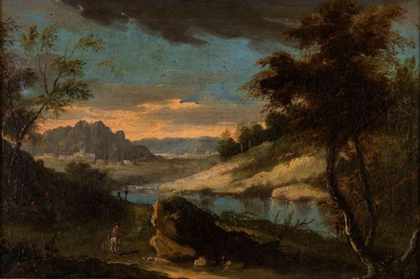 Scuola Veneta del XVII secolo - Paesaggio boschivo con cavaliere