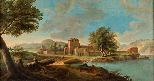 Pittore romano del XVIII secolo - Paesaggio laziale con il fiume Tevere