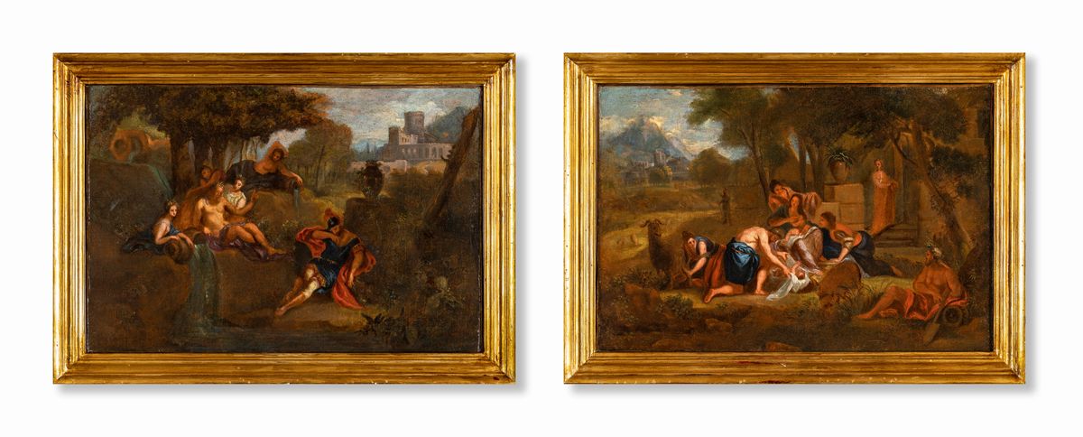 Nicolas Poussin (cerchia) - A) il Dio Fluviale Tiberino Appare in Sogno Ad Enea B) Ritrovamento d...