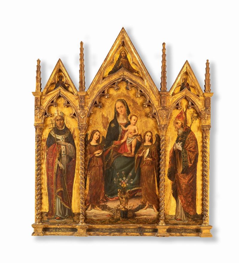 Scuola Toscana - Trittico Vergine in Trono Col Bambino tra Angeli e i Santi Biagio e Antonino