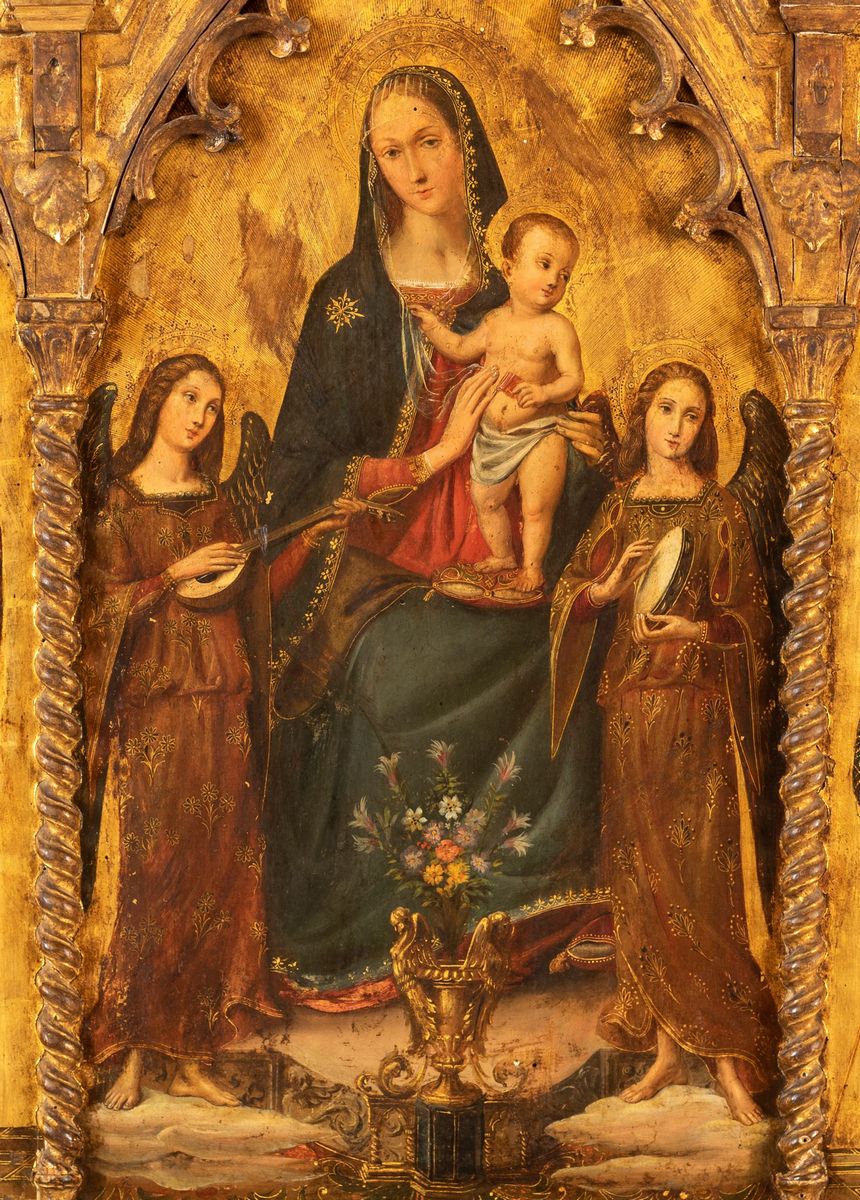 Scuola Toscana - Trittico Vergine in Trono Col Bambino tra Angeli e i Santi Biagio e Antonino