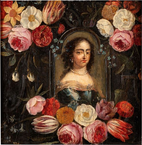 Pittore del XVIII secolo - Natura morta di fiori con ritratto femminile