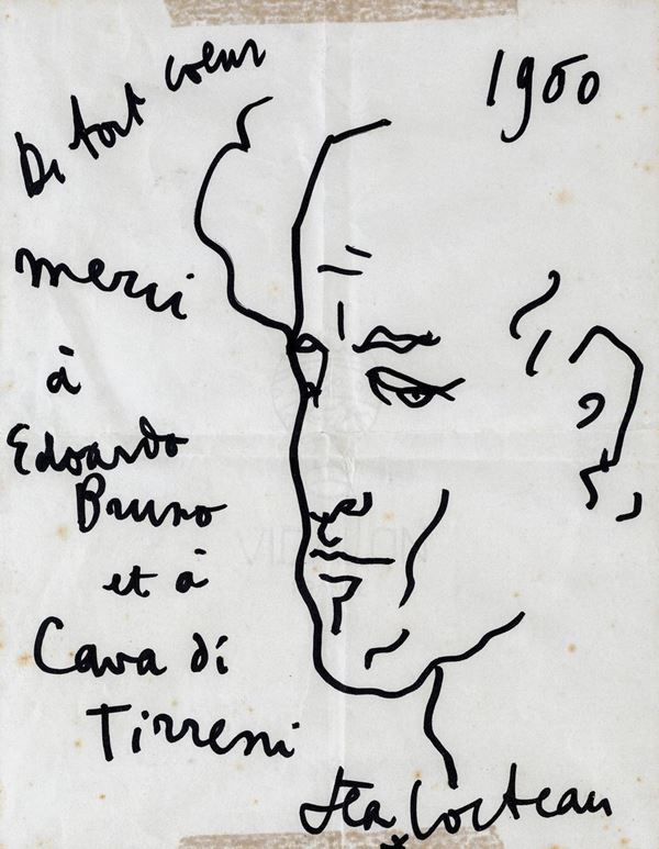 Jean Cocteau - Sul fronte reca dedica, firma e data "Merci a Edoardo Bruno ed a Cava di Tirreni, Jean Cocteau".
