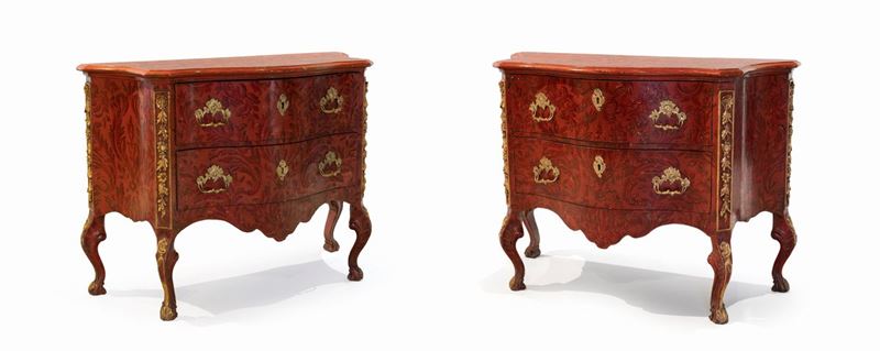 Coppia di Cassettoni in Legno Laccato Rosso, Roma, XVIII Secolo